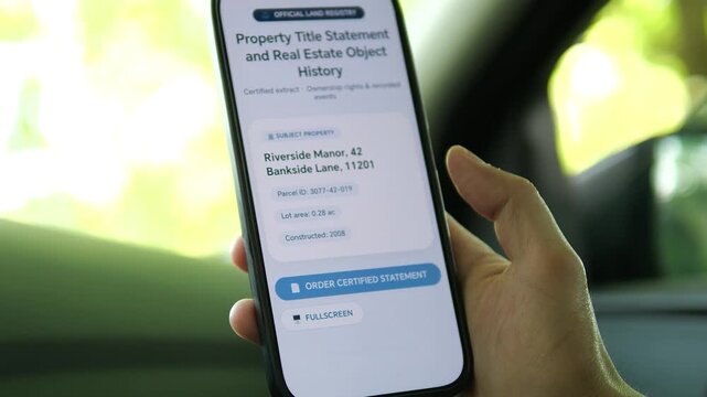 Mobile real estate due diligence. User orders a certified property title statement and reviews a history of tax liens and foreclosures. Ideal for PropTech apps, property investors, and legal risk asse