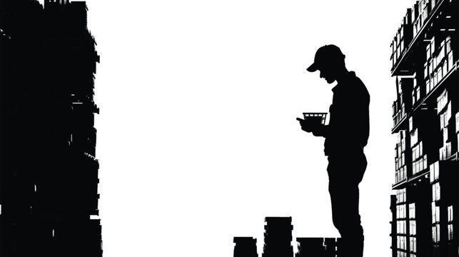Warehouse worker manages inventory while holding a small box between tall shelves of supplies.