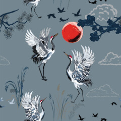 Fototapeta premium Floral Fashion vintage style seamless pattern with cranes birds in oriental asian style. Nature gentle seamless Japan pattern. Vector