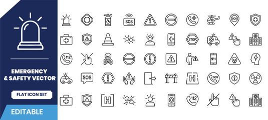 Emergency and safety vector icon set editable line art graphics © Kawsar