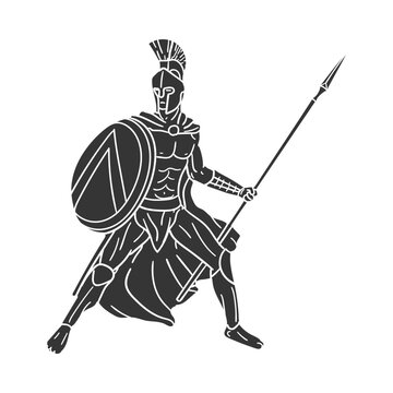 Ancient Greek Spartan Hoplite Warrior Holding Spear and Shield Stamp Vector Illustration