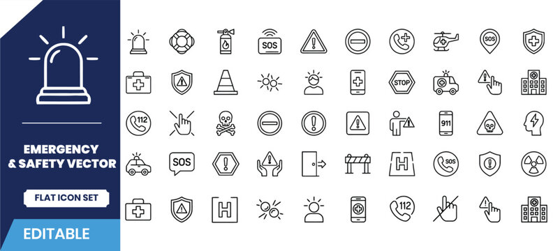 Emergency and safety vector icon set editable line art graphics