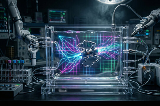 HDR photography of a medical nanorobot in a fluid test chamber emitting glowing neon abstract propulsion and orientation grids