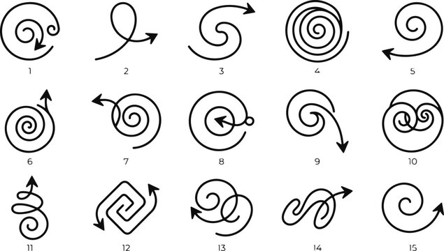 Collection of 15 black and white icons depicting various cyclical and spiral arrows and knots