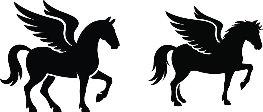 Black pegasus silhouette vector illustration set with two winged horses isolated on white background for logo design