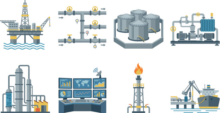 Oil and Gas Industry Icons Set Offshore Platform Refinery Pipeline Storage and Processing Systems