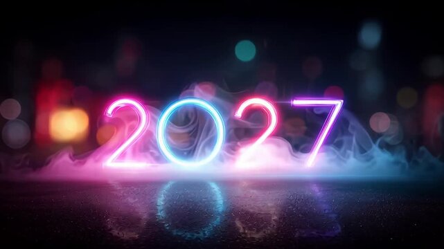 ?Vibrant neon 2027 in smoky atmosphere with colorful bokeh effects