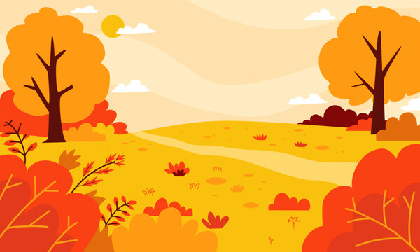 Beautiful Autumn Landscape Vector Illustration with Trees, Fields, and Warm Orange Foliage