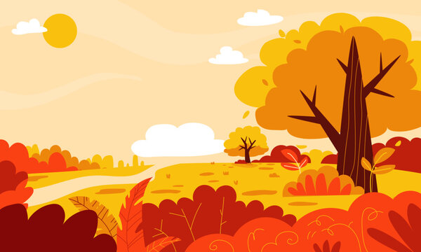 Beautiful Autumn Landscape Vector Illustration with Trees, Fields, and Warm Orange Foliage