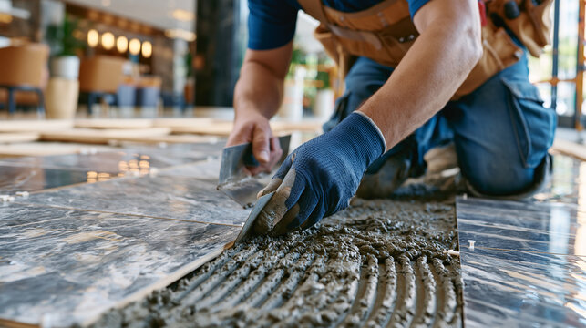 Ceramic tile setter establishes laser-level reference grid across large-format porcelain field in upscale hotel lobby, notched trowel spreading polymer-modified thinset with practiced strokes while 