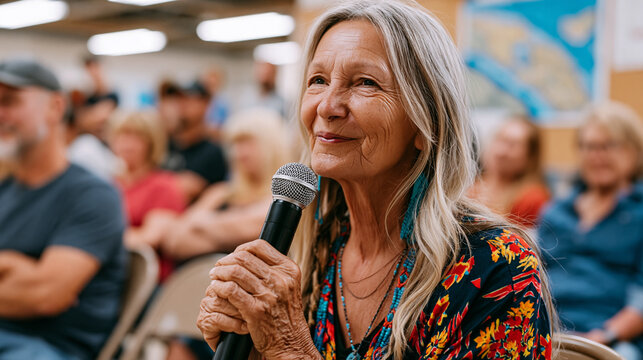 Community elder with calloused hands gripping a microphone at a neighborhood zoning board meeting, local residents seated in folding chairs behind her, maps of proposed development pinned to corkboa