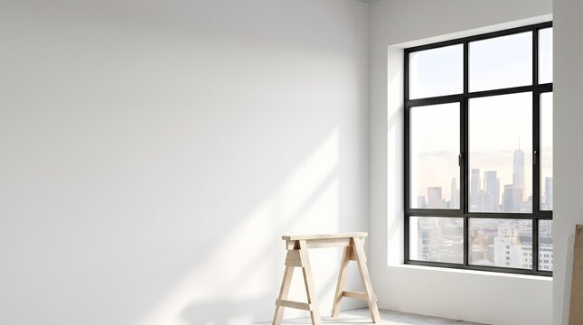 Empty room with white walls and a large window overlooking a city skyline featuring a wooden sawhorse in the corner