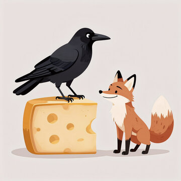 Minimalist Crow Grass. Cartoon Illustration Of A Russian Fairytale Scene Featuring A Crow And A Fox With Cheese