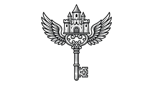 Heraldic Key Emblem with Wings and Castle Vector Illustration.