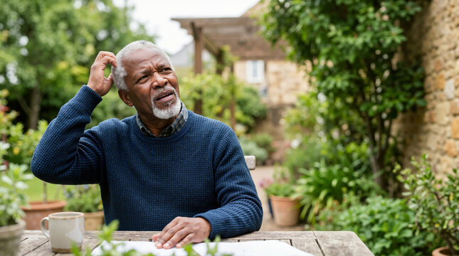 Confused senior African man scratching head. Elderly Black male looking thoughtful or forgetful outdoors