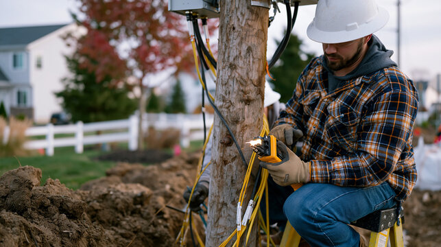 Fiber optic splice technician works in outdoor aerial enclosure mounted on utility pole at rural subdivision entrance, fusion splicer displaying loss reading as colleague steadies ladder below in st