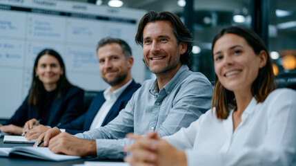 Fototapeta premium Four colleagues in business casual seated around a small conference table on a Thursday afternoon, a whiteboard tracking project milestones labeled by day rather than hours, relaxed posture and open