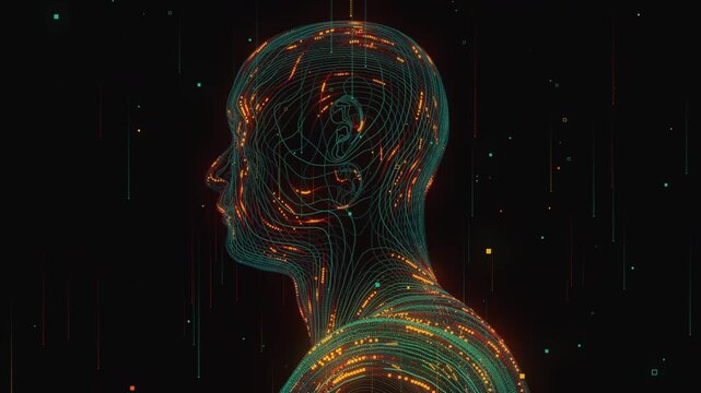 Futuristic seamless loop of a digital human profile. Abstract wireframe silhouette of a man head with glowing data streams, creative background for artificial intelligence and cyber concepts.