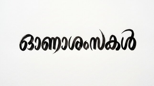 Traditional Black Ink Malayalam Brush Calligraphy Text Reading Onashamsakal for Happy Onam Festival Greetings, Isolated on Clean White Background with Ample Copy Space