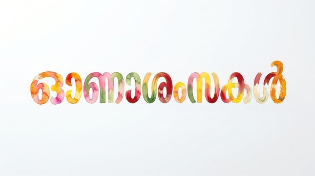 Colorful Watercolor Textured Malayalam Typography Reading Onashamsakal for Happy Onam Festival Greetings, Isolated on Clean White Background with Copy Space