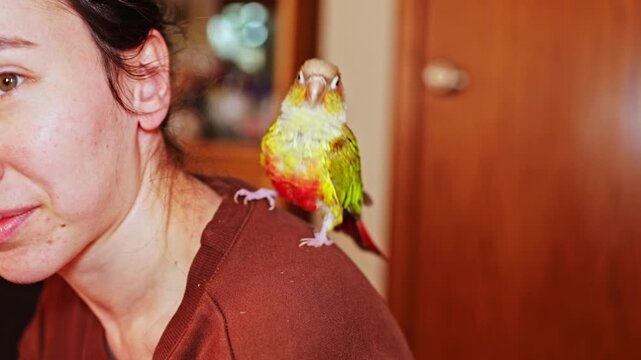 A woman sits indoors with a parrot perched on her shoulder. They seem to enjoy their time together during a relaxed moment at home.