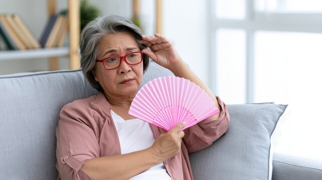 Senior woman, heatwave, cooling, hand, fan, summer, hot, temperature, elderly, health concept as an older female uses a handheld fan to stay cool during extreme weather and high seasonal heat