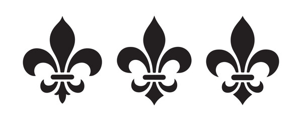 Set of three black fleur de lis symbols on transparent background vector illustration. © Moni