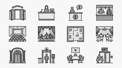Fototapeta premium Industrial Black and White Line Drawing Icons of Various Event and Office Scenes for Presentations
