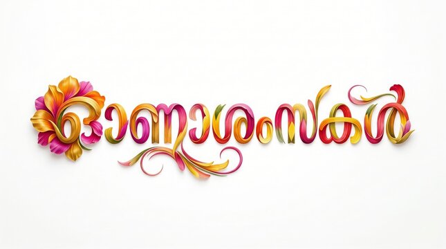 Colorful 3D Malayalam Calligraphy Text Reading Onashamsakal with Vibrant Flowers for Happy Onam Festival Greetings, Isolated on White Background with Copy Space