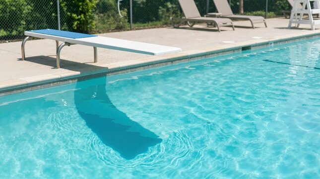 White diving board casting a shadow on clear blue pool water. Outdoor swimming pool deck with lounge chairs on a sunny summer day