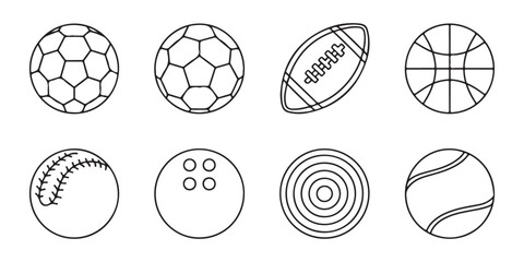 Sport ball outline icons set. vector illustration of various game equipment for athletic activities. © MSTGIRATUN