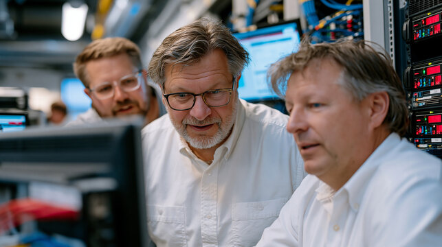 Smart building commissioning team gathers around central BAS workstation in server room, systems integrator demonstrating live sensor dashboard to facilities manager while VAV controller firmware up