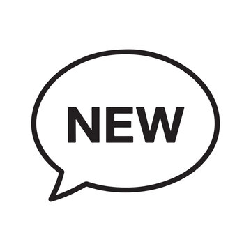 Black and white speech bubble icon with the word new written in a bold simple font style