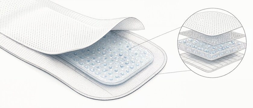 Advanced medical patch with microcapsule gel layers. Illustration showing cross section of futuristic healing bandage. Innovative wound care technology concept
