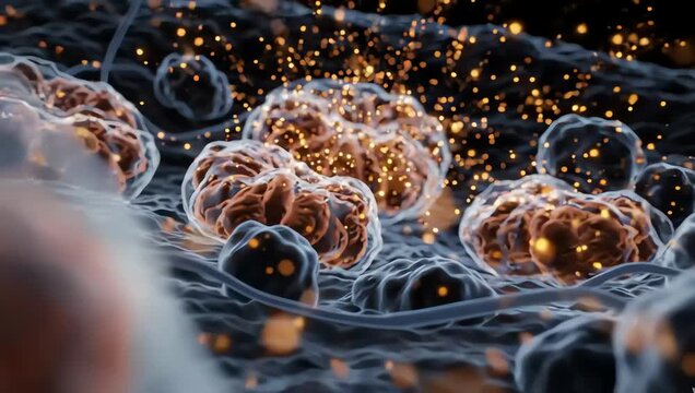 Cells generating body heat, glowing thermal energy particles emerging from transparent mitochondria and spreading through cellular structures
