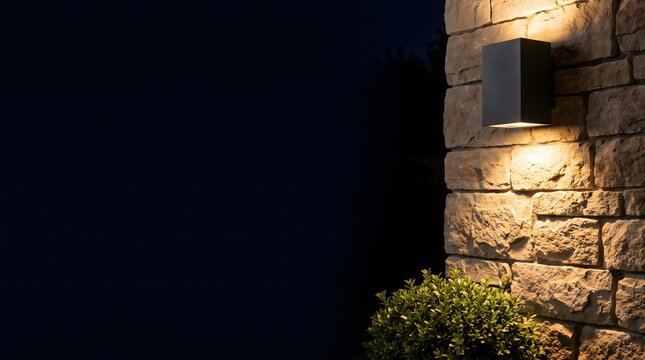 Modern outdoor wall sconce lighting fixture mounted on a rustic stone wall illuminating the exterior facade at night
