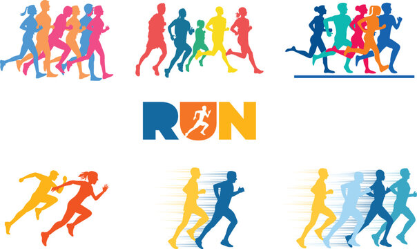 People running silhouettes vector set. man and woman jogging, run text logo with runner, runners in motion, fitness.