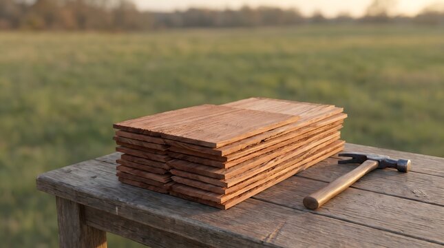 Stack of new cedar wood shingles resting on a rustic wooden table with a metal hammer ready for roofing construction