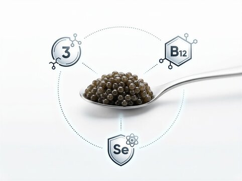 Minimalist Nutritional Infographic of Caviar Spoon with Vitamin and Omega-3 Micro Icons