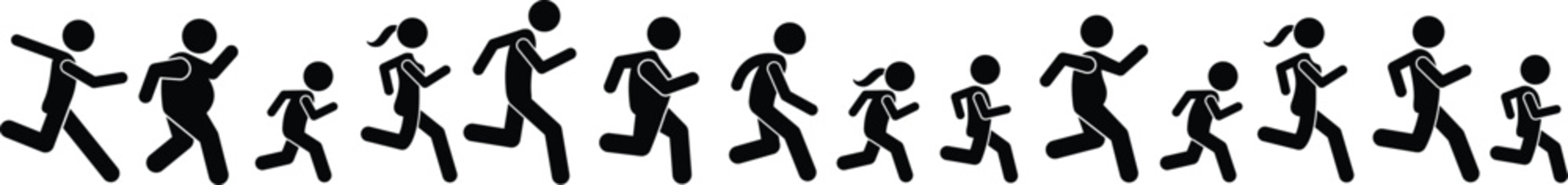 Stick figure runner vector set. running man, woman and child, various poses, different speeds, jogging person icon. 