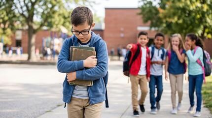Fototapeta premium A group of children walks on the sidewalk near a school. One boy stands alone with books in his arms and looks down. The mood shows he feels left out or sad