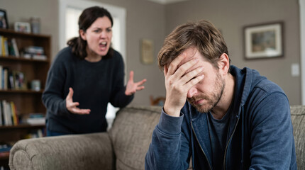 Fototapeta premium A woman raises her voice in a living room while a man sits on the couch, covering his face with his hand. The atmosphere shows clear tension and conflict between them