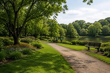 Fototapeta premium A clean park landscape with natural beauty and environmental caretakers in the distance.