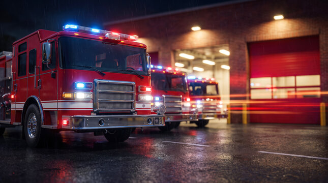 Fire trucks are standing outside a fire station during a rainy night. The trucks have flashing lights on as they wait for emergencies. Rain is visible on the ground