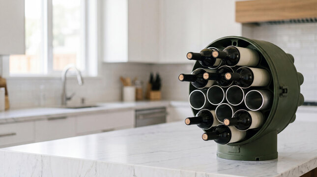 Military ammunition crate repurposed as a decorative wine rack on a marble kitchen island. Upcycled industrial war relic in a modern home interior. Survival and peace concept.