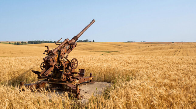 Old rusty anti-aircraft artillery gun abandoned in vast yellow wheat field after war. Military relic in countryside landscape. Concept of peace and historical memory of conflict.