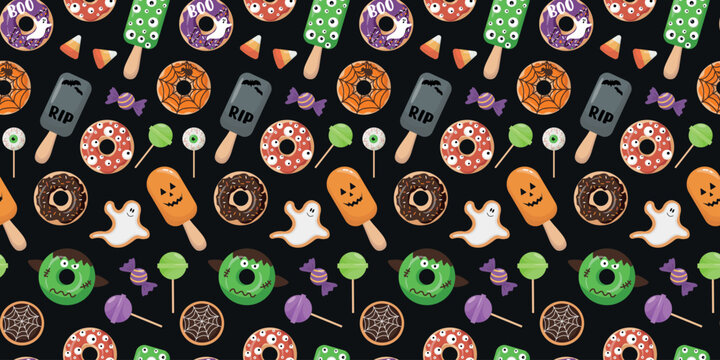 Cute Halloween seamless pattern featuring spooky donuts monster treats ghost cookies candy lollipops eyeball sweets popsicles candy corn spider web cookies and festive desserts
