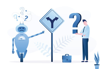 Confused businessman stands with perplexed AI robot at crossroads sign. Human and bot team trying to make difficult decision about their future path and career strategy © naum
