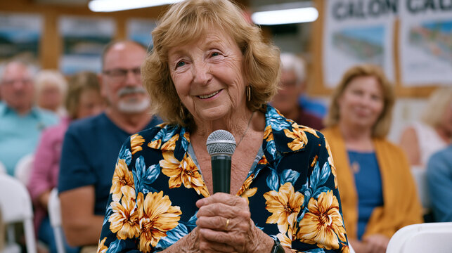 Community elder with calloused hands gripping a microphone at a neighborhood zoning board meeting, local residents seated in folding chairs behind her, maps of proposed development pinned to corkboa