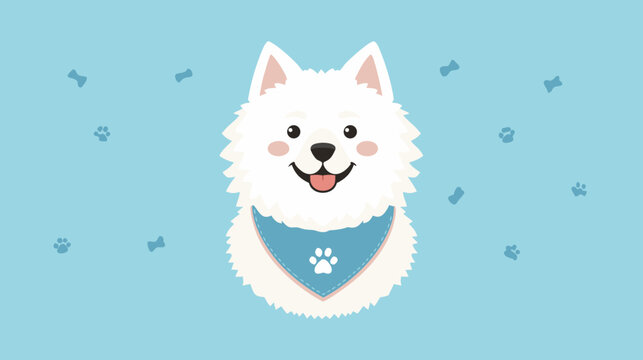 Cartoon Samoyed dog smiling with a blue background and paw prints  